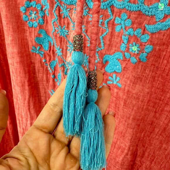 Anthropologie Kyla Seo Josephina Embroidered Dress Coverup Boho Beach Coral - Picture 8 of 11